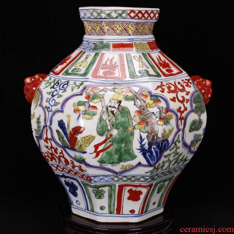 Jingdezhen blue and white antique imitation yuan antique bucket color colorful characters of the six - party tank retro decoration old items collection
