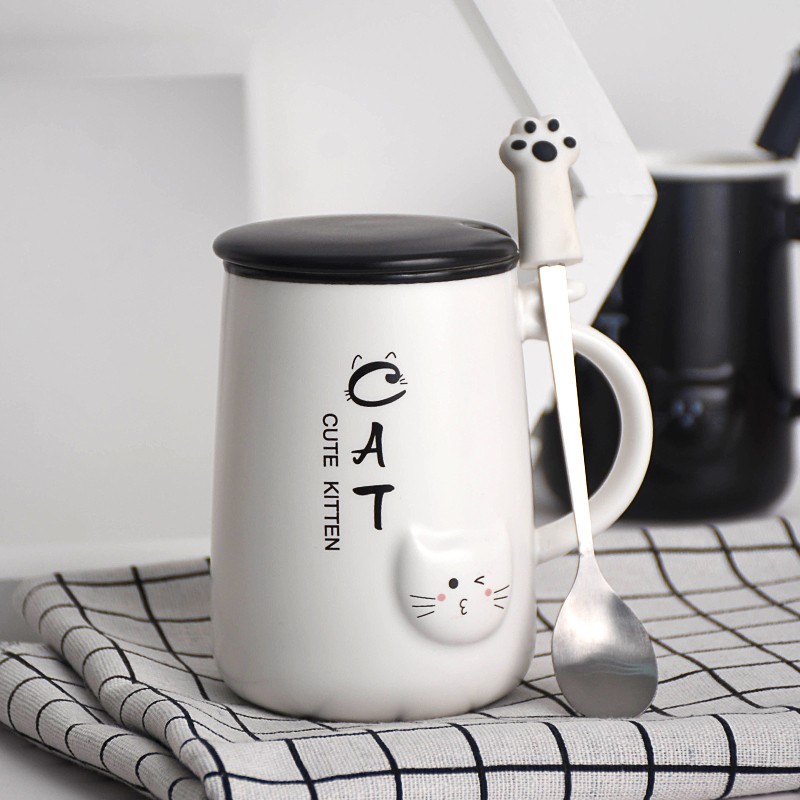 Creative move tide female mark cup with cover spoon, couples with express the cat water cup home ceramic coffee cup