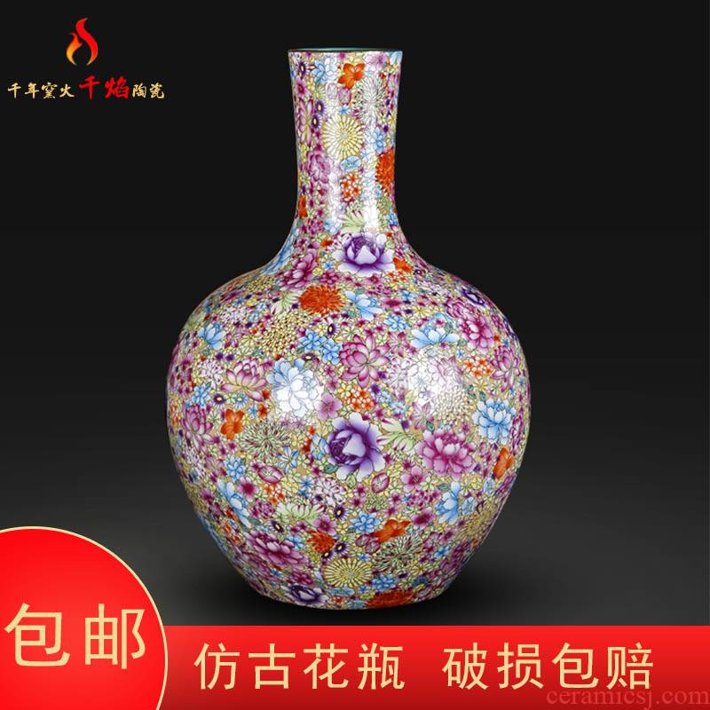 Jingdezhen ceramic antique qianlong pastel flower vases, Chinese style living room decorations rich ancient frame tree