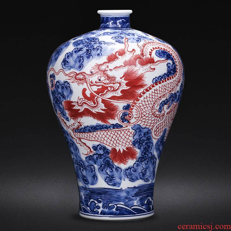 Hand - made dragon vase of blue and white porcelain of jingdezhen ceramics sitting room place flower arrangement of Chinese style household wine accessories