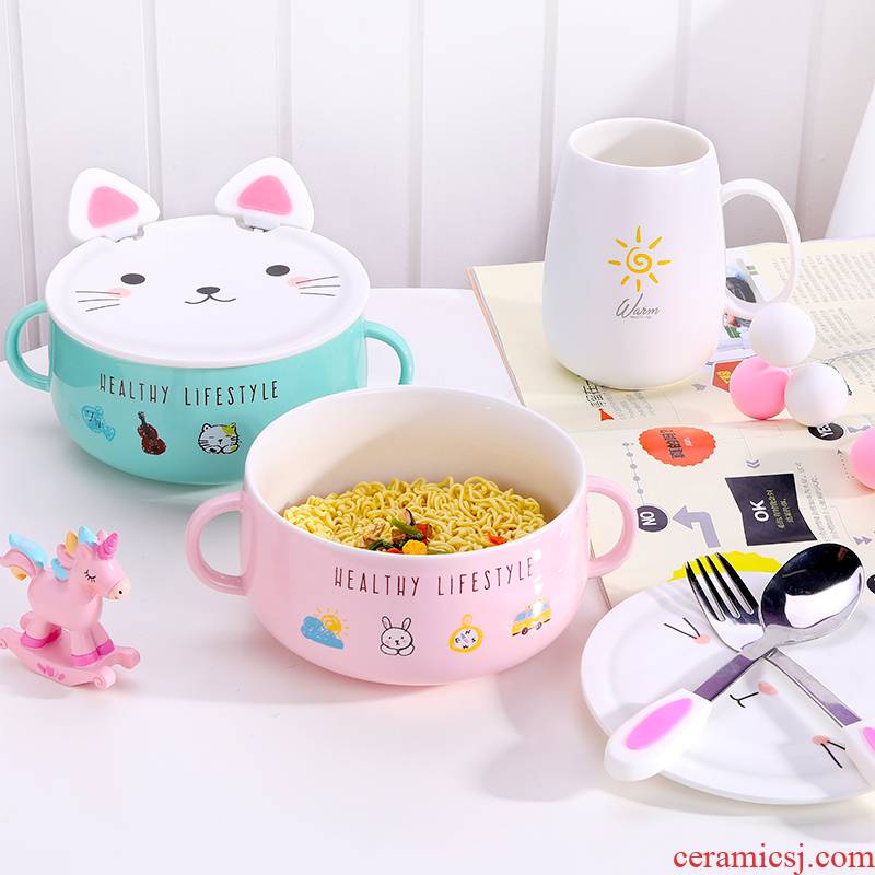 Creative lovely ceramic bowl of soup bowl with cover dormitory instant noodles bowl chopsticks household size suit students eat bowl dishes