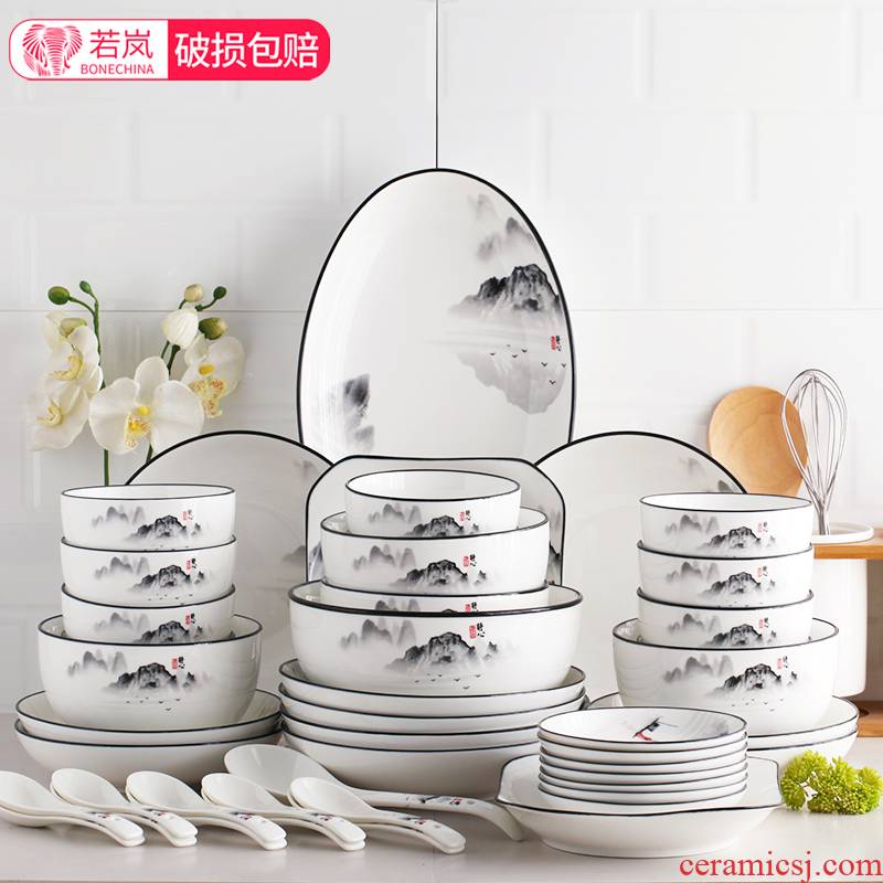 Glair dishes suit household 10 Chinese ink painting wind ceramic tableware to eat rice bowl dish plate combination