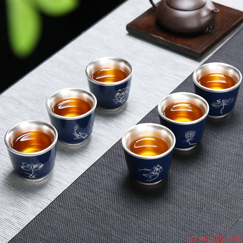Ji 999 sterling silver blue ceramic silver cup kung fu tea tea masters cup manually coppering. As silver cups sample tea cup