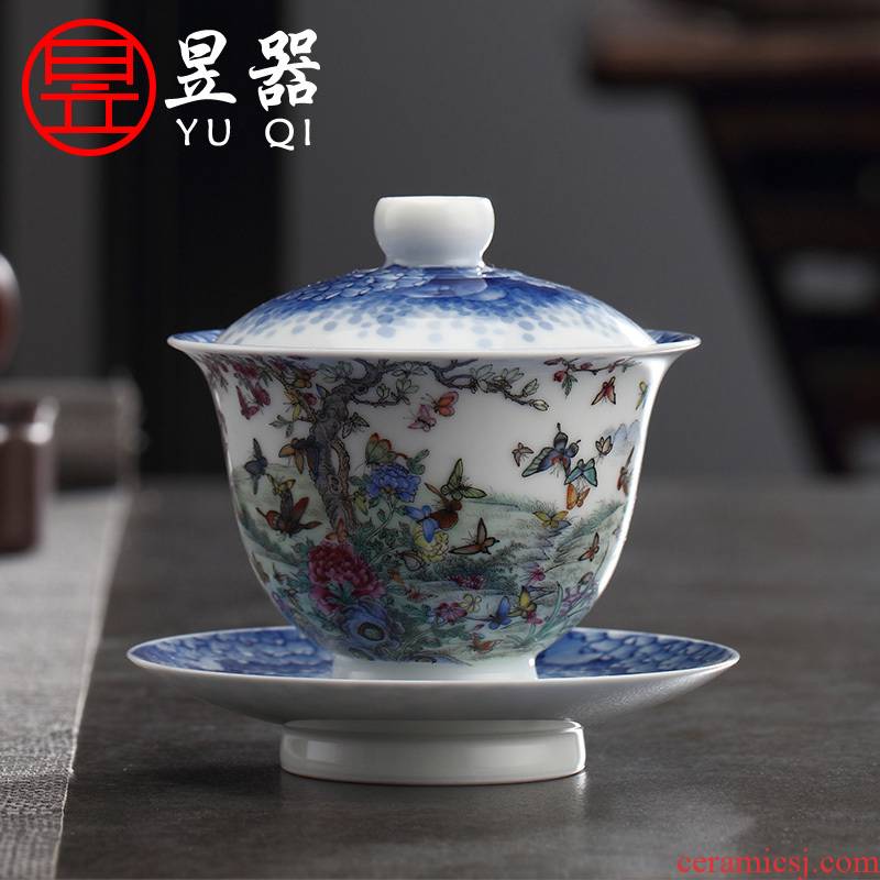 Yu ware jingdezhen blue and white only three hand - made ceramic checking 108 butterfly tureen kung fu tea set art collection