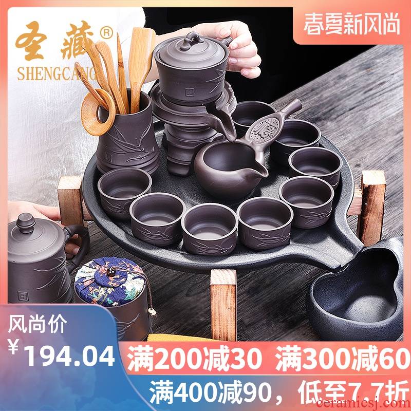 Stone ground tea set suit household violet arenaceous kung fu tea tea tray cup teapot contracted a visitor mill modern automatically