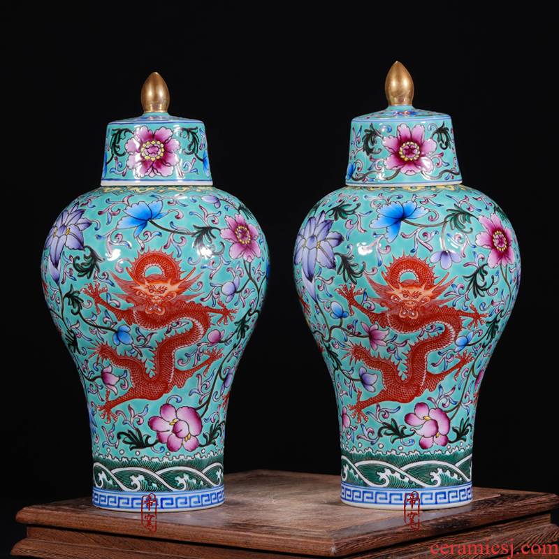Jingdezhen porcelain vases, antique hand - made enamel pastel color green dragon cover half the name plum bottle vase furnishing articles