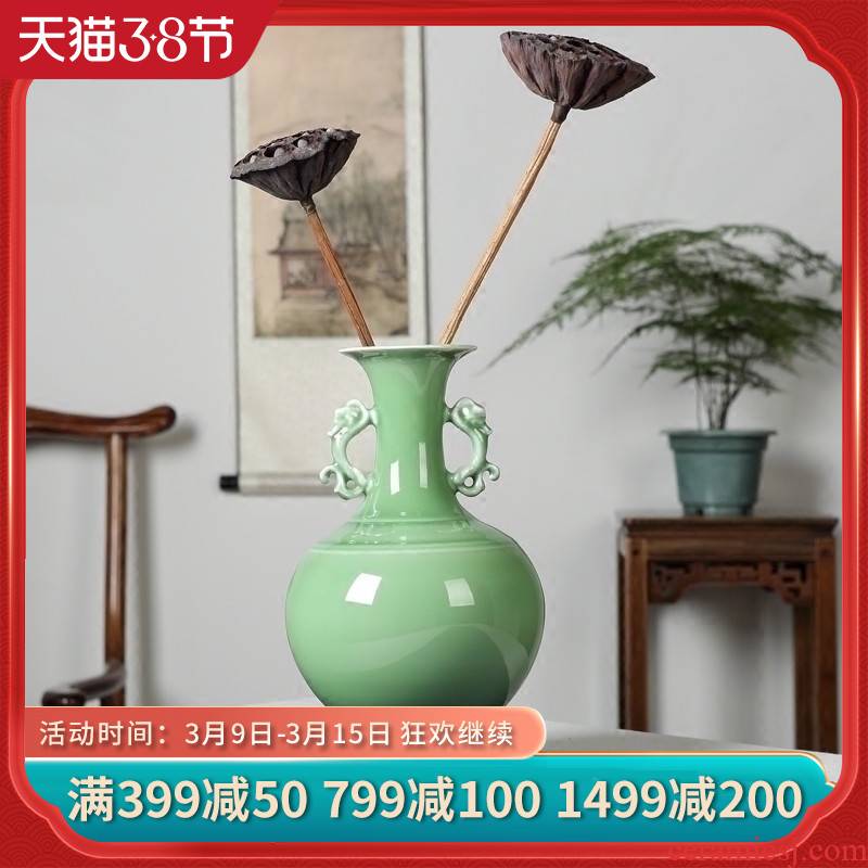 Jingdezhen ceramic furnishing articles manually celadon vase ears zen new sitting room of Chinese style household decoration process