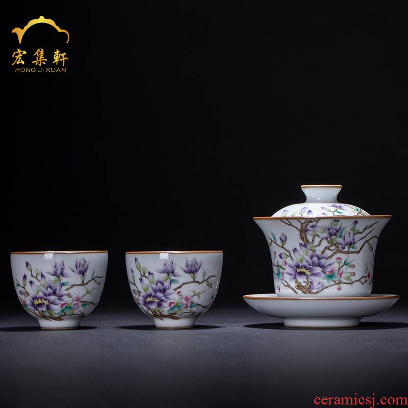 Tureen large jingdezhen ceramic checking porcelain tea cups three bowl bowl of kung fu suit only hand - made tea