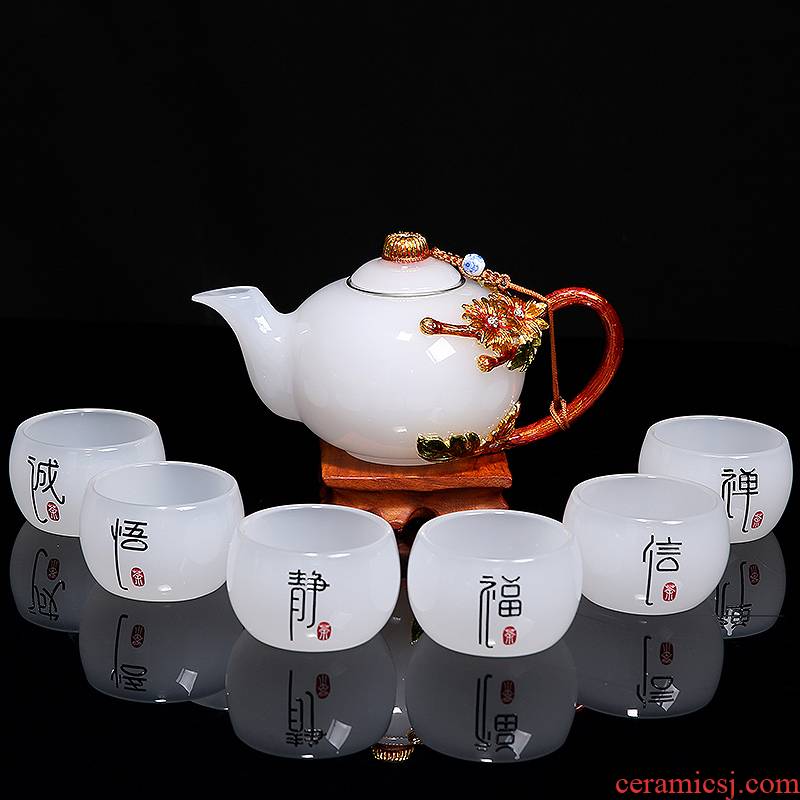 Jade porcelain white porcelain tea set suit modern household contracted coloured glaze colored enamel kung fu manual cup teapot gift boxes