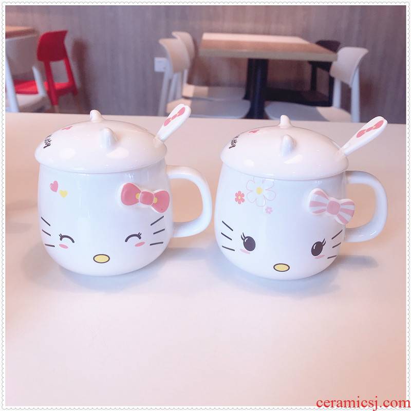 Cartoon hello Kitty bag mail ceramic cups with cover spoon keller of office children KT cat milk coffee cups