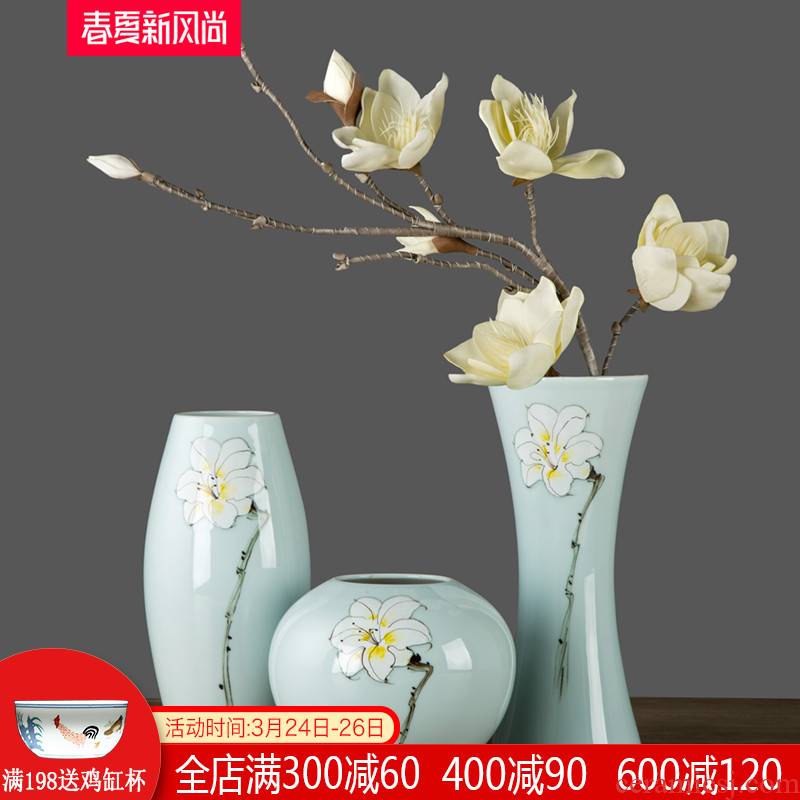 Jingdezhen ceramics hand - made three - piece vase dried flowers flower arrangement of modern new Chinese style household adornment furnishing articles sitting room