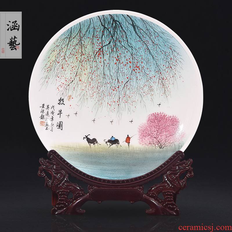 Jingdezhen ceramics hand - made cattle figure decoration plate sit plate hanging dish of new Chinese style living room porch handicraft furnishing articles