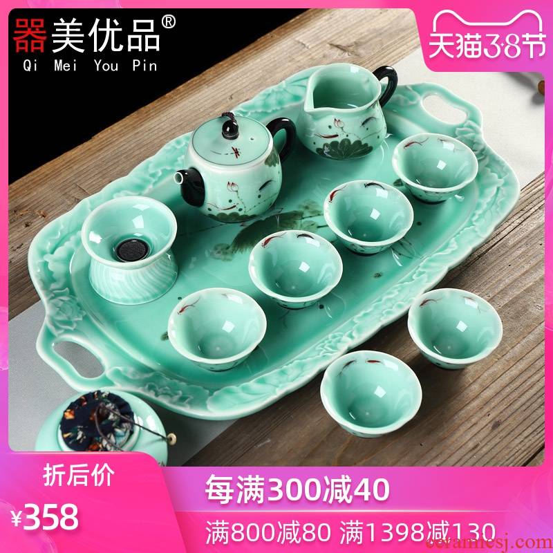 Is the best product of a complete set of celadon hand - made kung fu tea set household contracted Chinese tea tea tea cups