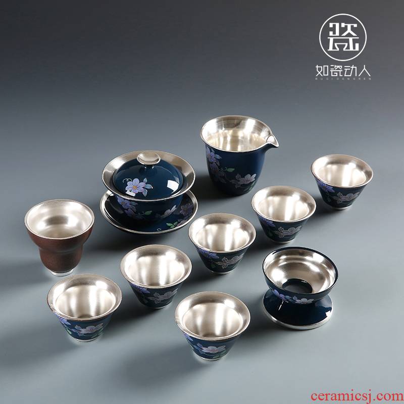 Tasted silver gilding kung fu tea set with silver tea set household of Chinese style silver tea lid to use ceramic gift boxes
