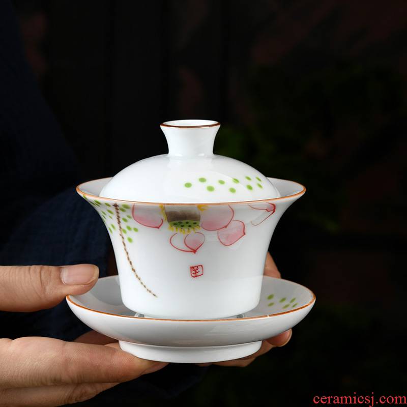 Dehua white porcelain by hand only three tureen ceramic cups large single hand - made suet jade kung fu tea tea bowl