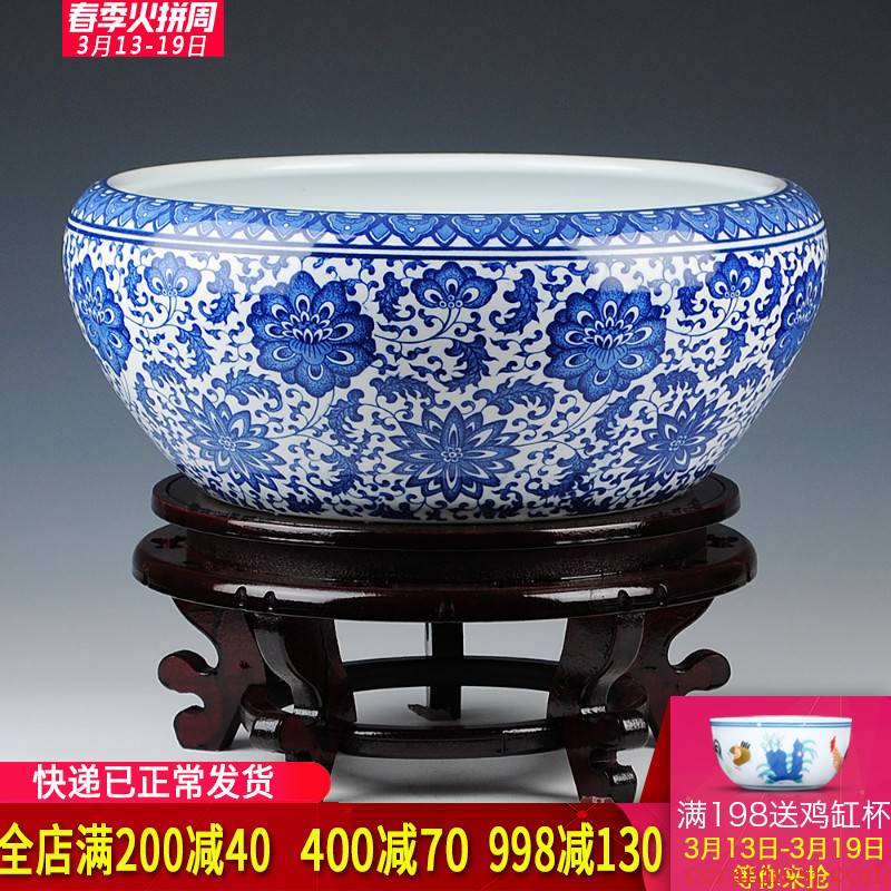 Blue and white porcelain of jingdezhen ceramics shallow daikin aquarium tortoise refers to flower pot furnishing articles large cylinder water lily