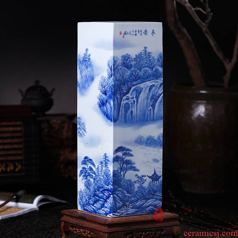 Jingdezhen ceramics hand - made waterfall landscape painting and calligraphy master cylinder quiver large vases, study of office furnishing articles
