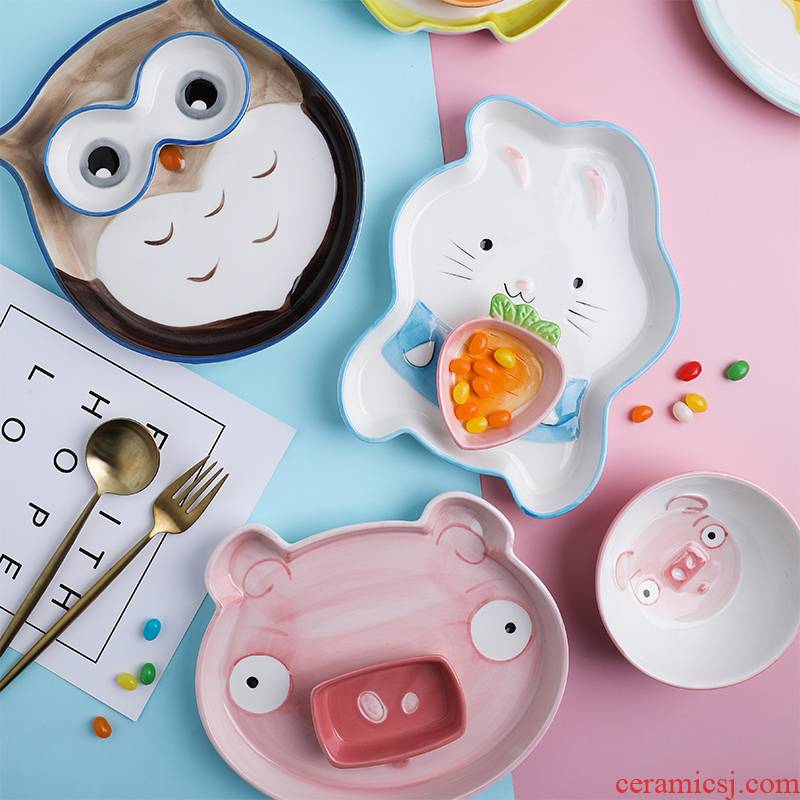 Tinyhome creative children ceramic tableware set dishes domestic cartoon animals dishes for breakfast of bread and butter