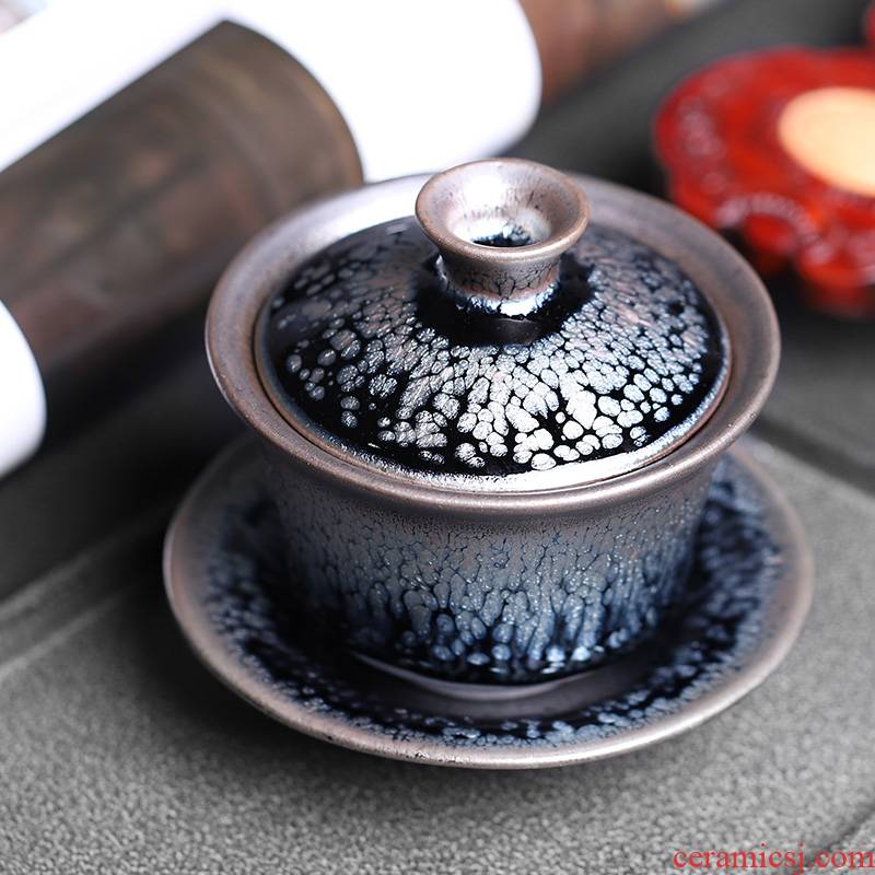 Manual jianyang ceramic tureen built lamp that only three cups small tire oil tea red glaze, kung fu tea set iron bowl