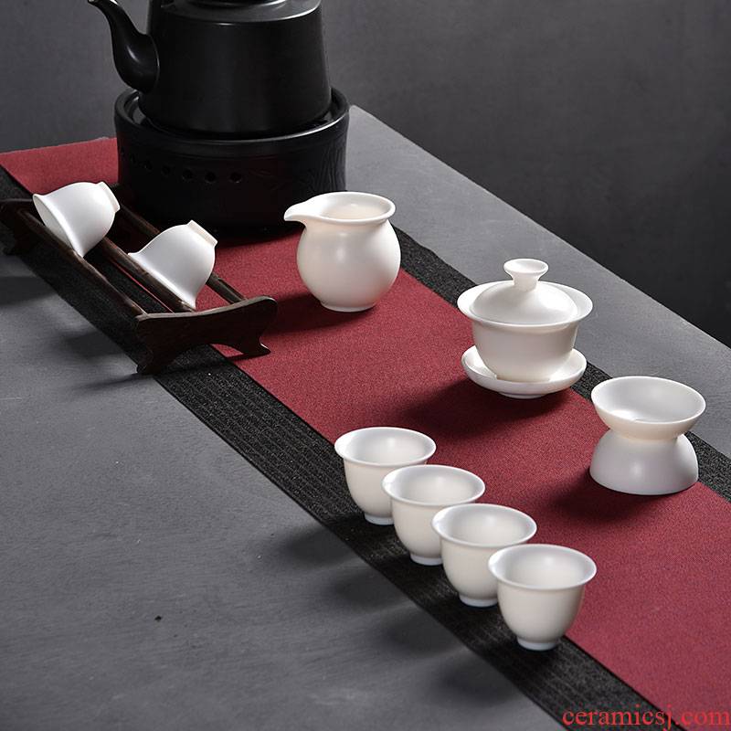 Jun ware dehua built fine white porcelain kung fu tea set contracted household porcelain tureen tea cups unglazed high temperature