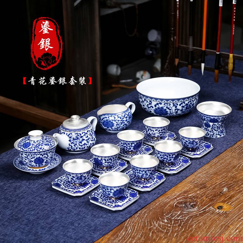 Jingdezhen coppering. As silver tea set home office with tea kung fu tea gift of a complete set of ceramic teapot teacup