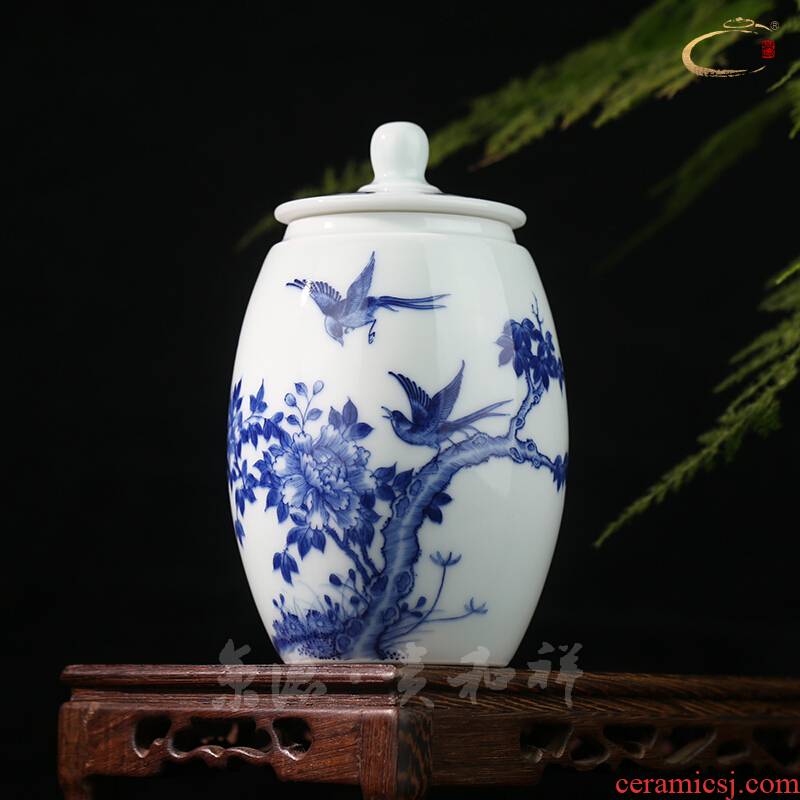 Jingdezhen blue and white flowers and birds and auspicious high pot hand - made ceramic tea pot manual sealing as cans of storage tank and POTS