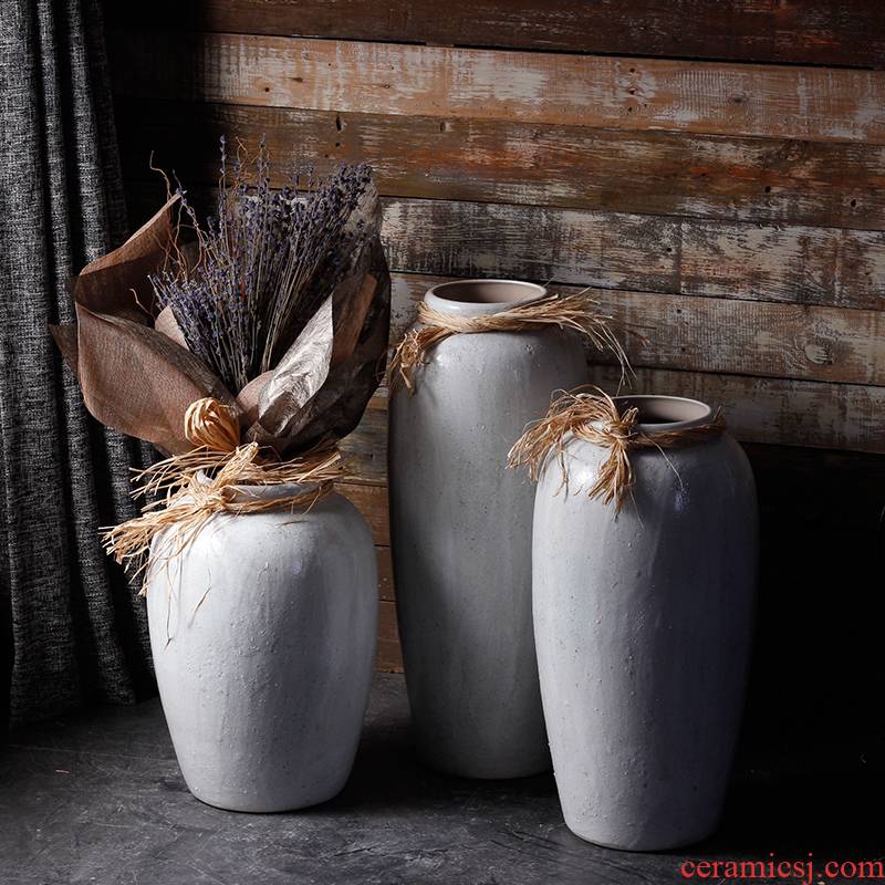 Jingdezhen ceramic vase landing coarse pottery hemp rope hydroponic flower implement dry flower pot of rural art decorative as cans