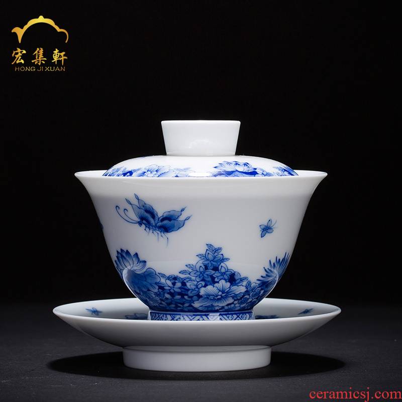 Blue tureen jingdezhen ceramic kung fu tea set hand - made only three tureen to use large three cup tea bowl