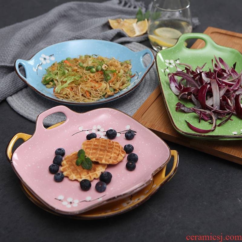 Japanese creative household ceramics ears dish rectangular circular I with xi plate disc western food steak plate