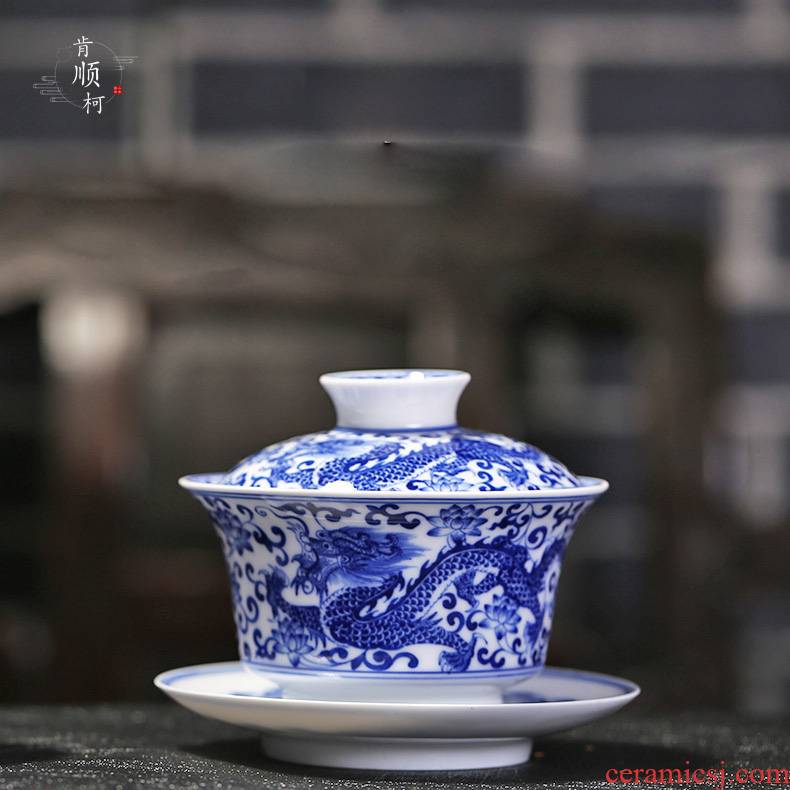 Jingdezhen manual hand - made longteng time kung fu of blue and white porcelain teacup sample tea cup single cup three before GaiWanCha worship cup