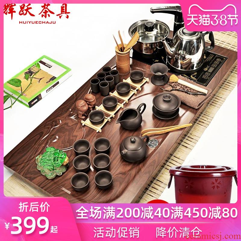 Hui make contracted violet arenaceous kung fu tea set a complete set of ceramic tea set household electric magnetic furnace solid wood tea tray of tea table