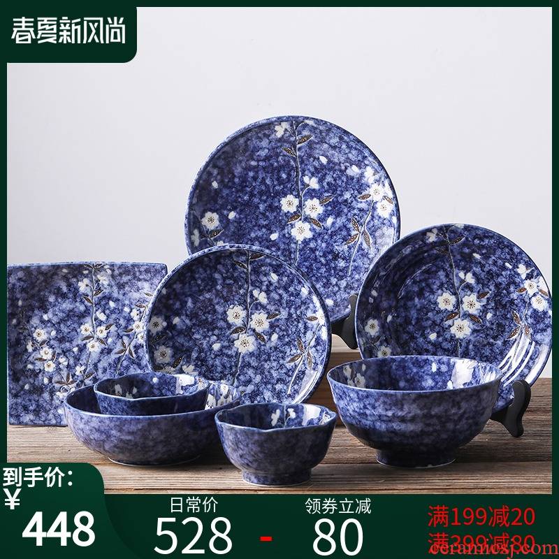 Japan imported 4 blue cherry blossom put 】 【 food dishes dishes with Japanese tableware ceramics creative family suits for