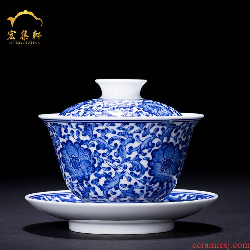 Only three tureen kunfu tea hand - made bound branch lotus jingdezhen blue and white tureen tea bowl of ancient ceramic tea set