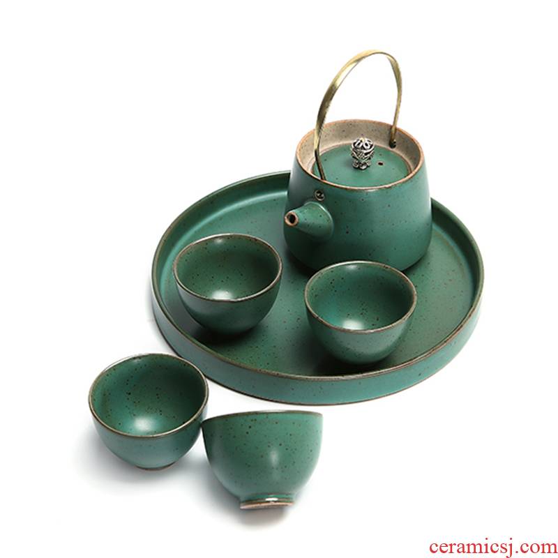 A complete set of Japanese kung fu tea set coarse pottery girder ceramic teapot tea with tea tray was contracted creative gift set