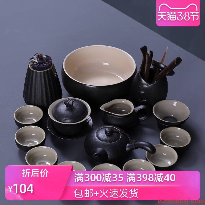Poly real (sheng kung fu tea set of black suit coarse pottery Japanese home office tea tureen teapot teacup sea black zen