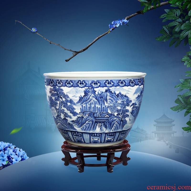 Blue and white porcelain of jingdezhen ceramic furnishing articles a goldfish bowl lotus bowl lotus basin hotel decorative fish bowl large living room