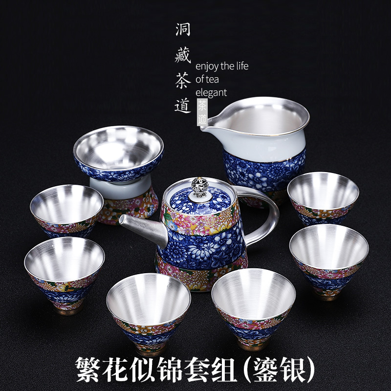 In building a complete set of kung fu tea set manually tasted silver gilding household ceramic tea set blue and white porcelain enamel teapot teacup