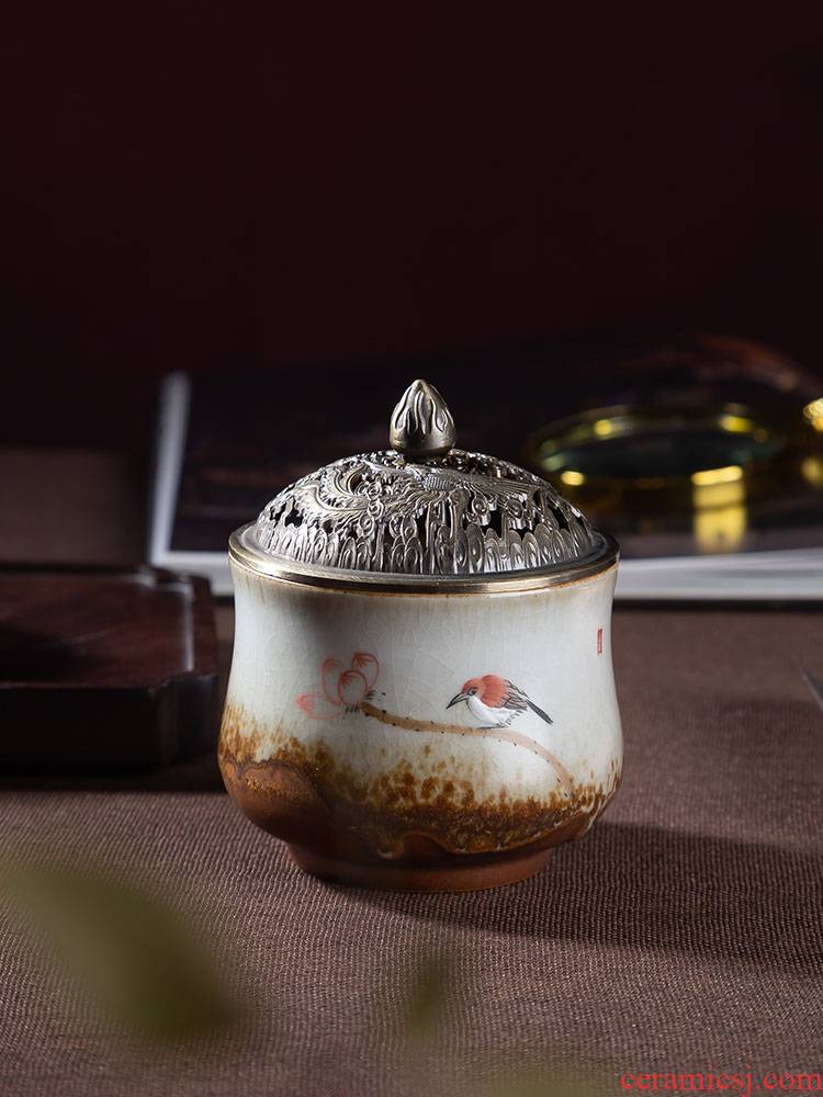 Jingdezhen ceramics hand - made small censer hand carved incense buner cover classical wind crack in birds and flowers, aroma stove