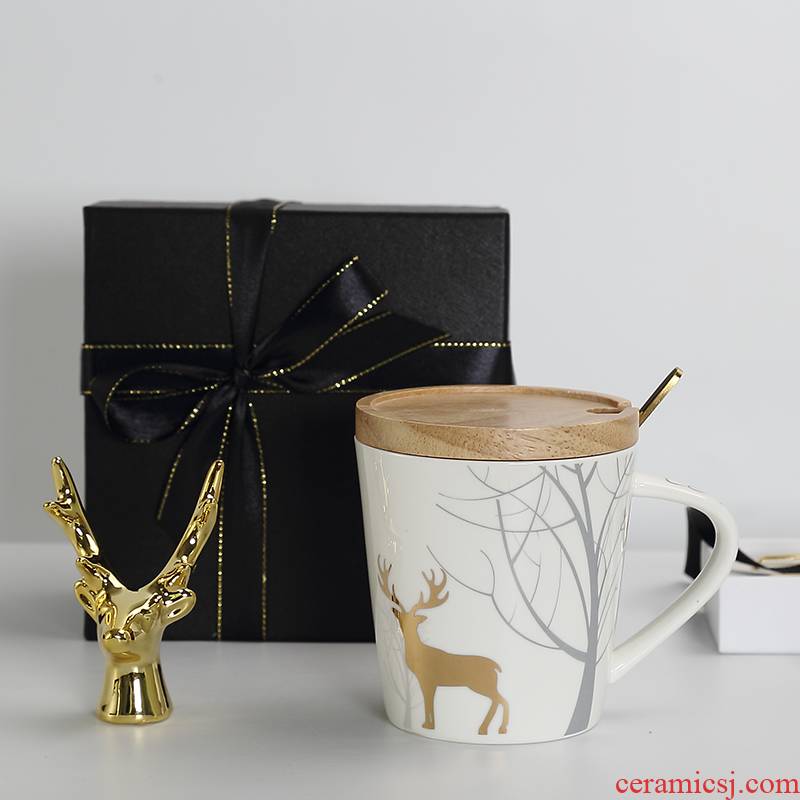 Contracted wind elk ceramic mugs Nordic ins with cover spoon lovers gift box water cup coffee cup