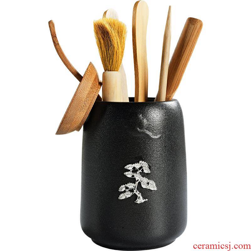 Household ceramic tea accessories kung fu tea set 6 gentleman bamboo tea spoon of black pen ChaGa ChaZhen contracted