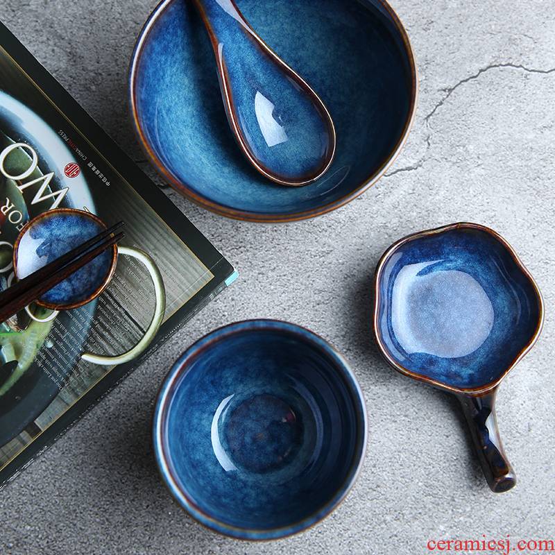 Mystery Japanese creative ceramic household utensils variable glaze restoring ancient ways the cat 's eye blue glazed bowl flavour dishes cup spoon