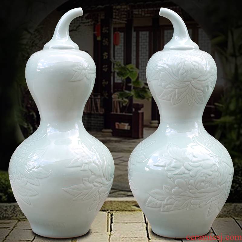 Jingdezhen single carving glaze peony sitting room of large vase household contracted furnishing articles can be gifts