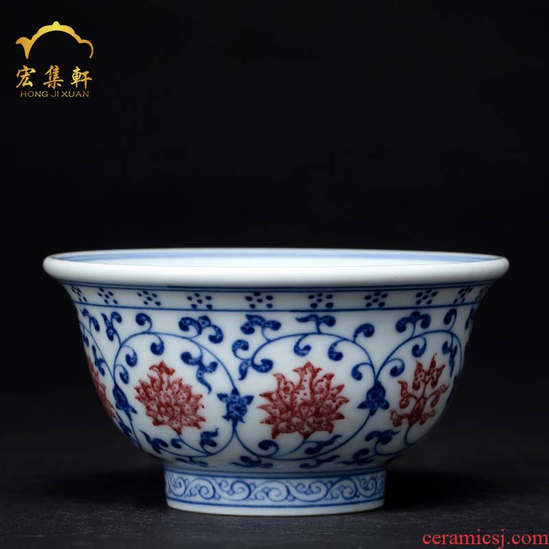 Jingdezhen porcelain youligong master cup hand - made imitated yongle bound branch lotus pressure hand cup cup bowl is blue and white