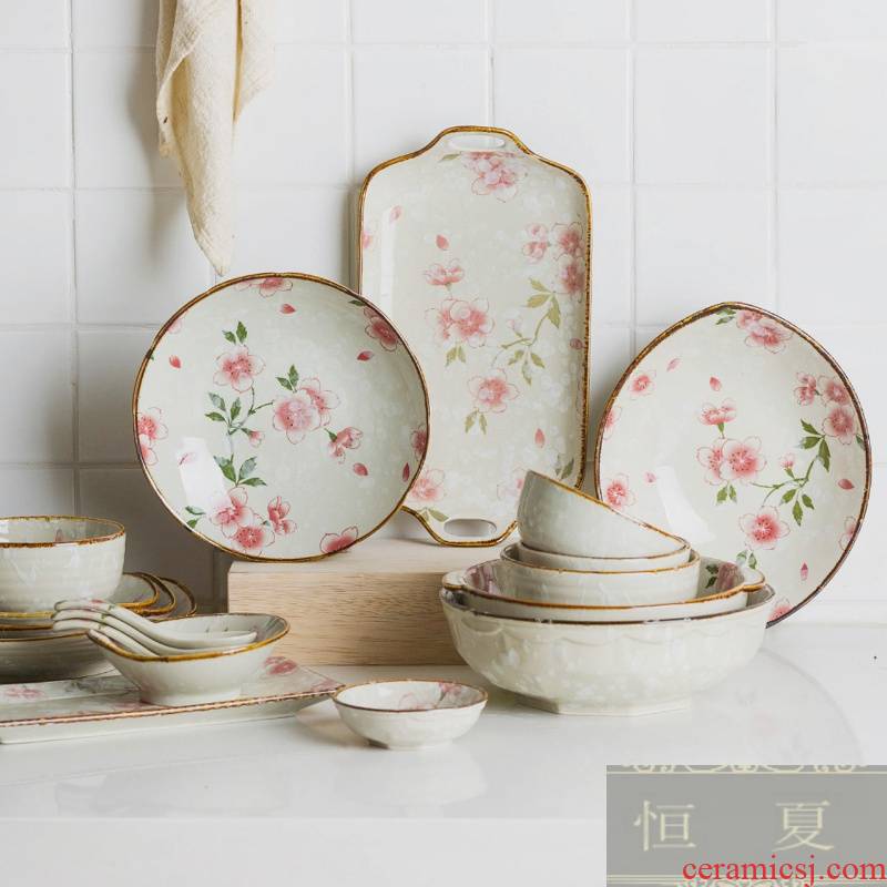Modern Japanese housewife dances cherry blossom put ceramic tableware suit household food dish bowl bowl dishes combination plate