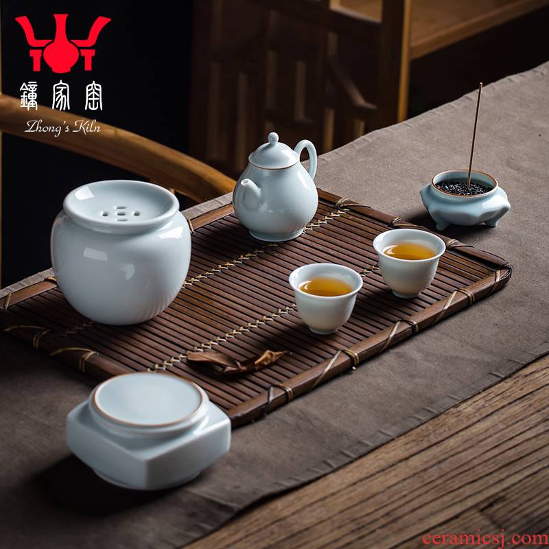 Clock home up with jingdezhen ceramic cups tea set kung fu crack BeiYing green tea canister censer a pot of two cups