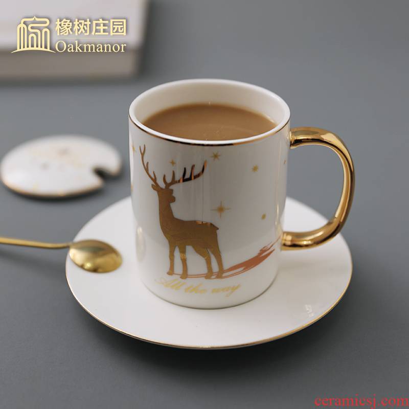 Nordic contracted literary elk mark cup with cover teaspoons of coloured drawing or pattern household glass ceramic cup constellation lovers coffee cup