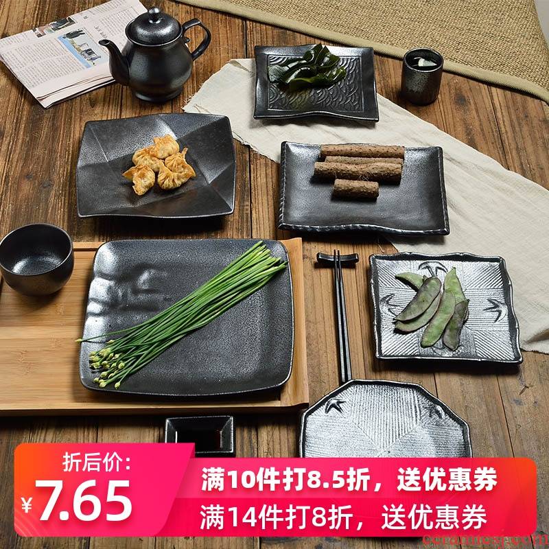 Three Korean ceramic tableware, round square plate matt black plate steak dish creative breakfast dish platter
