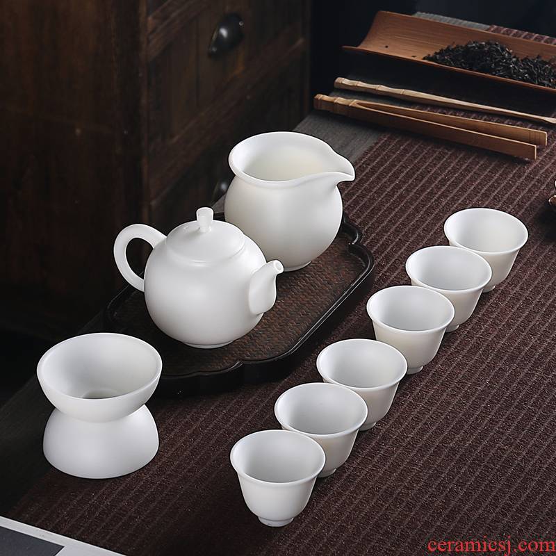 True cheng dehua biscuit firing white porcelain tea set household contracted suet jade ceramic office of a complete set of gift set