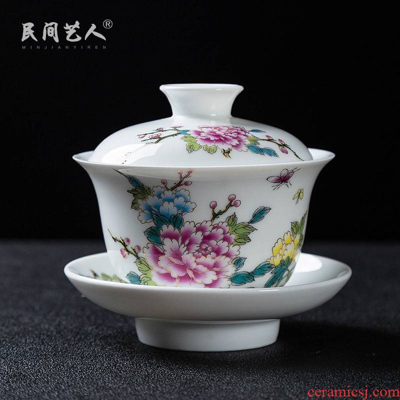 Jingdezhen ceramic tureen three finger bowl to bowl kung fu tea bowl large pastel color worship on glaze teacup