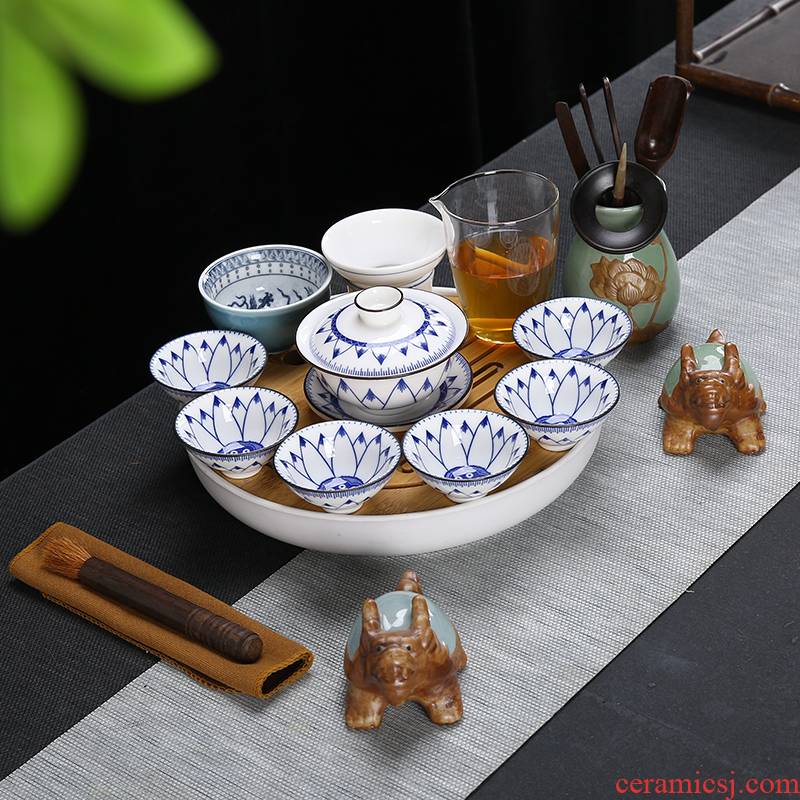 Pad printing white porcelain suet jade kung fu tea set suit Japanese household contracted and I of a complete set of small tureen tea cup